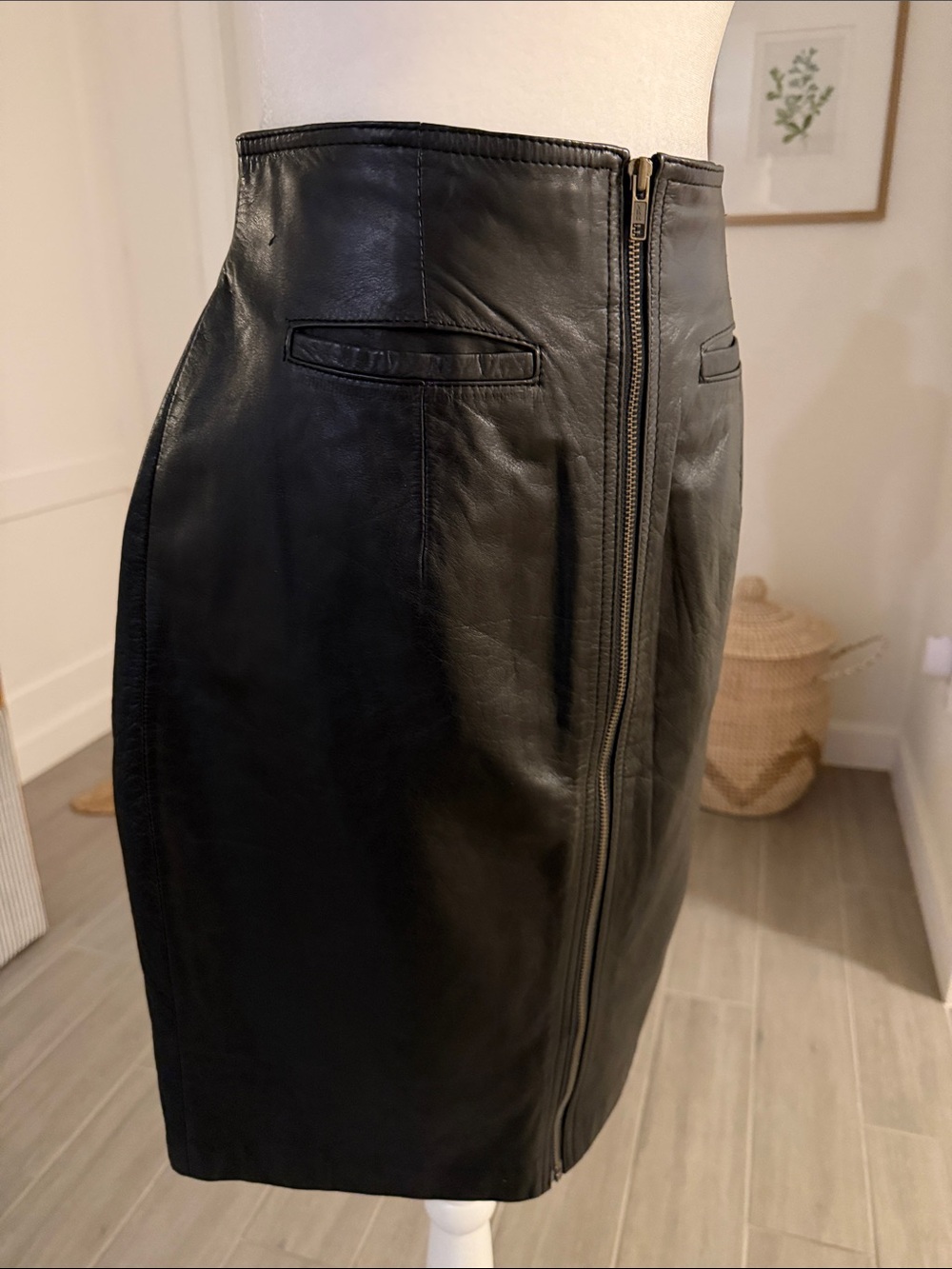 Vintage Black Leather Pencil Skirt 90s Minimalist Model Off Duty Y2K - Picture 6 of 14